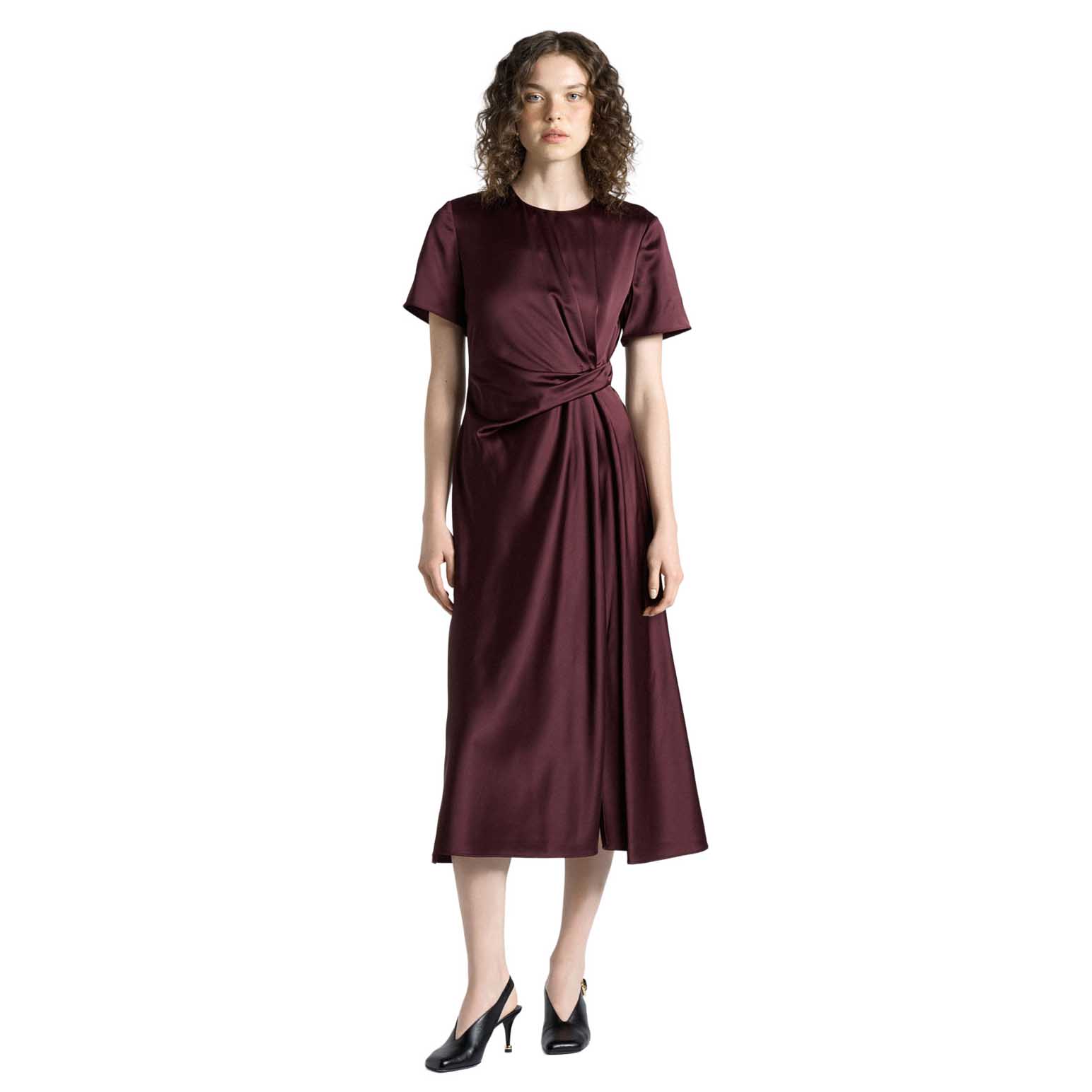 Cue Maroon Matte Satin Viscose Twist Midi Dress